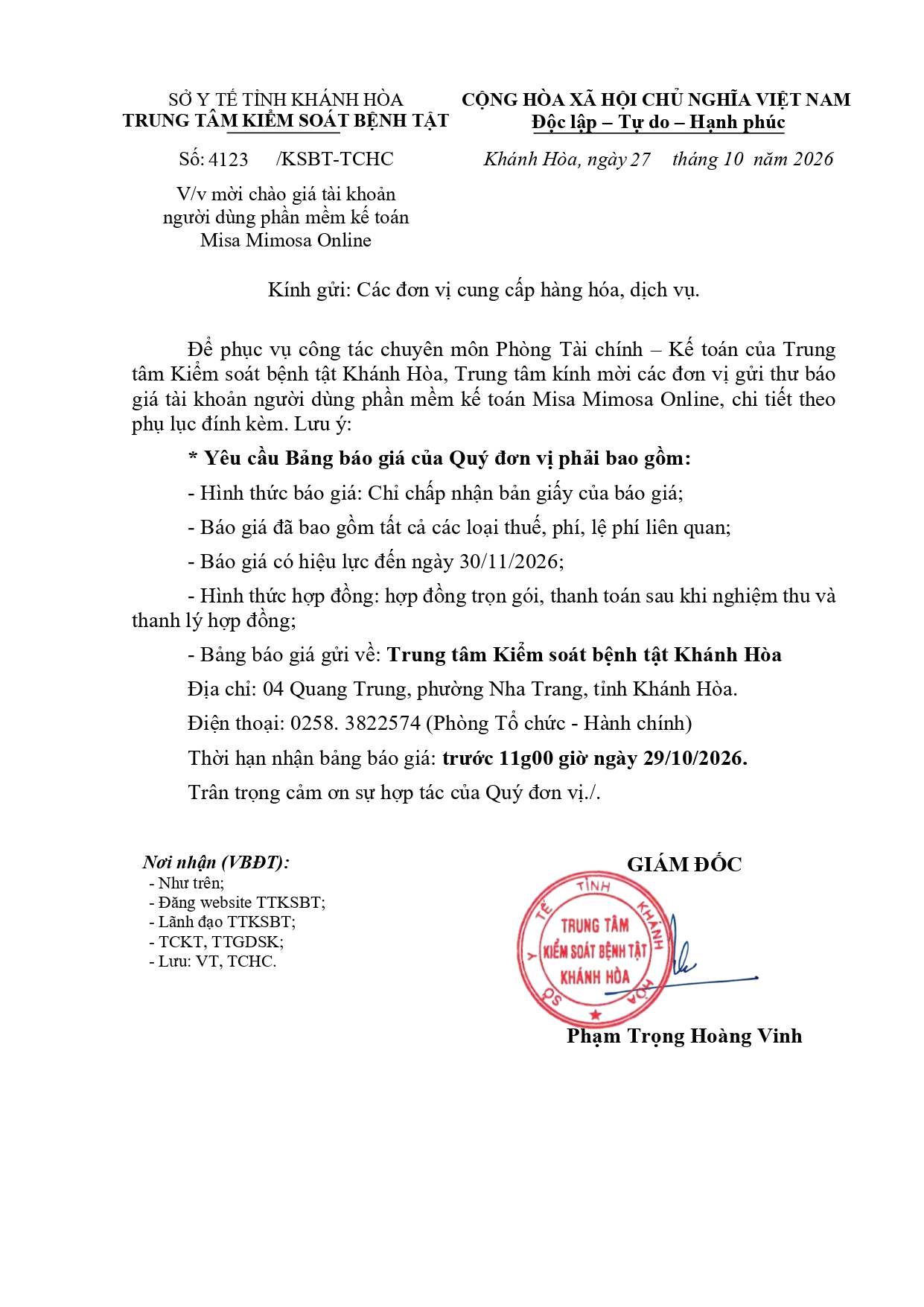 V/v mời chào giá tài khoản người dùng phần mềm kế toán Misa Mimosa Online